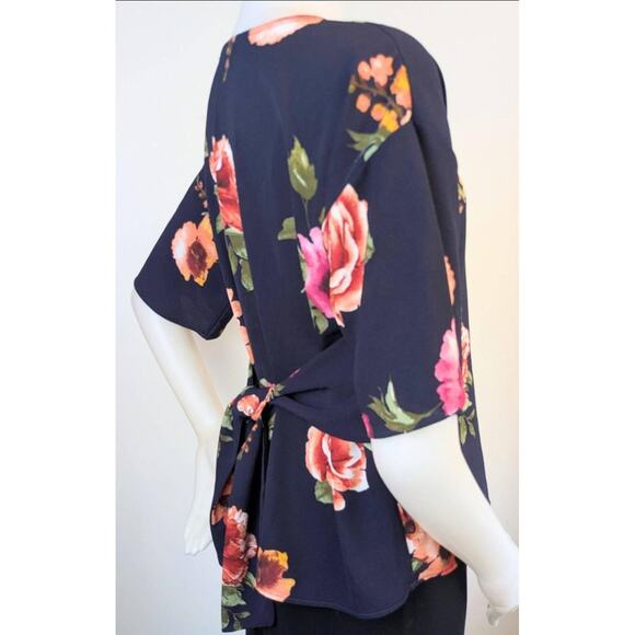 West Kei Floral Blouse Medium P Navy Pink Orange Green Tie Waist Half Sleeve - Picture 9 of 12
